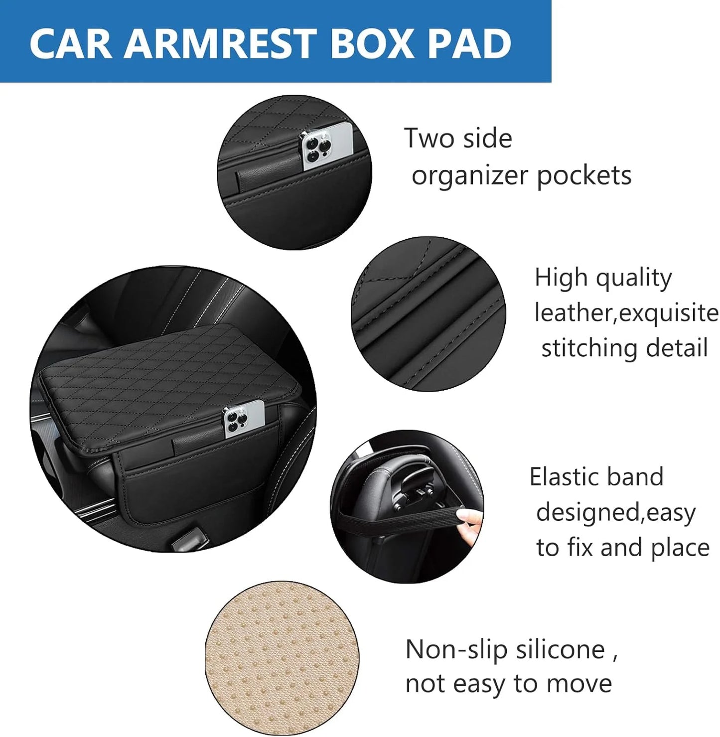 Universal Car Center Console Armrest Cover for Vehicle, Black PU Leather Pad Protector with 2 Storage Bags