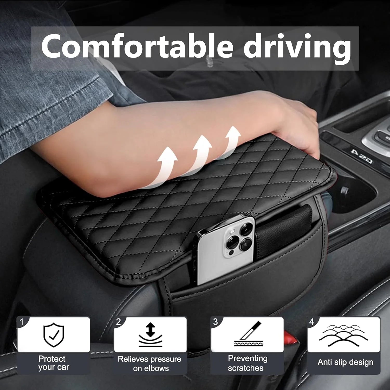 Universal Car Center Console Armrest Cover for Vehicle, Black PU Leather Pad Protector with 2 Storage Bags