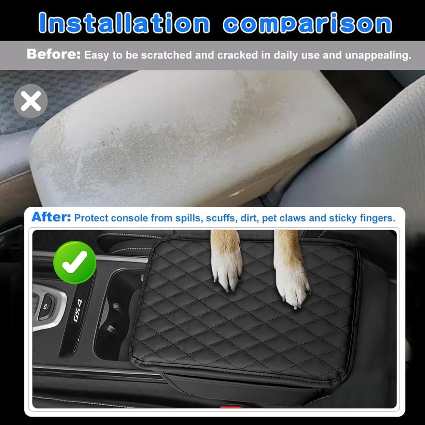 Universal Car Center Console Armrest Cover for Vehicle, Black PU Leather Pad Protector with 2 Storage Bags