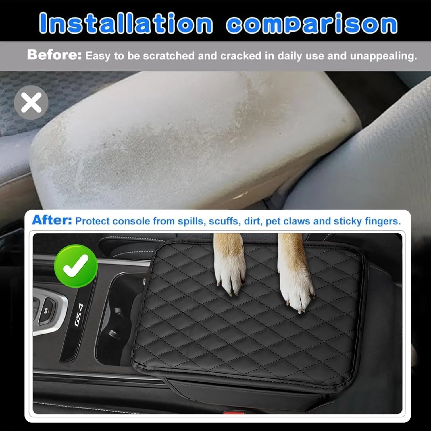 Universal Car Center Console Armrest Cover for Vehicle, Black PU Leather Pad Protector with 2 Storage Bags