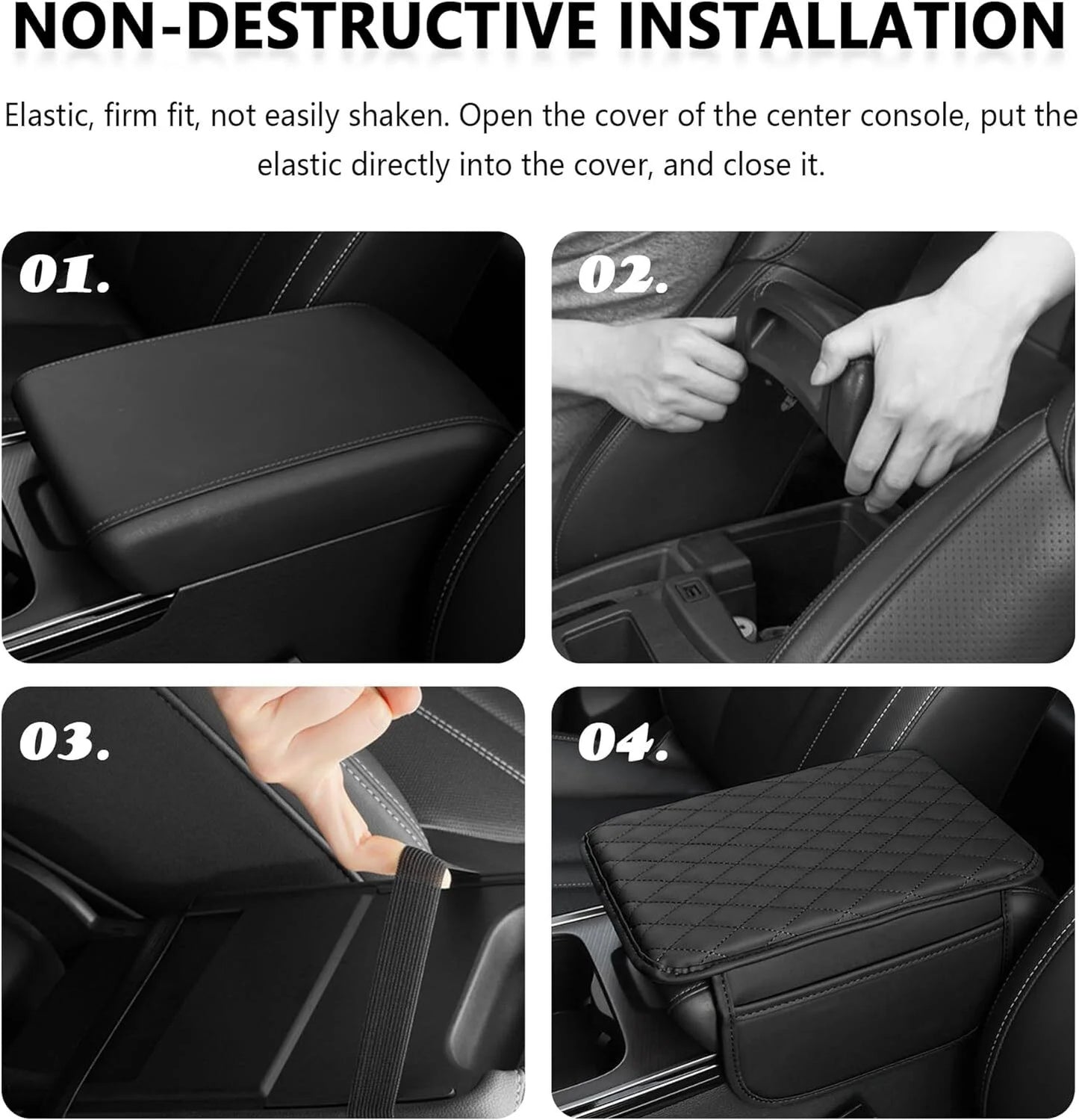 Universal Car Center Console Armrest Cover for Vehicle, Black PU Leather Pad Protector with 2 Storage Bags