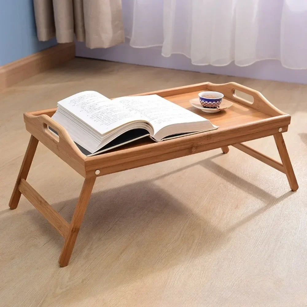Bamboo Bed Tray with Folding Legs Portable Breakfast Table for Bed, Laptop & Tablet Stand, Foldable Snack Tray with Handles for Recliner, Eating, Working, & Serving