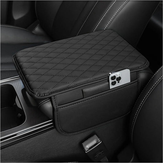 Universal Car Center Console Armrest Cover for Vehicle, Black PU Leather Pad Protector with 2 Storage Bags